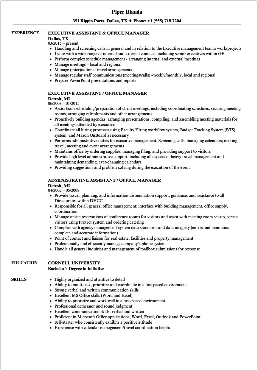 Office Manager And Executive Assistant Resume