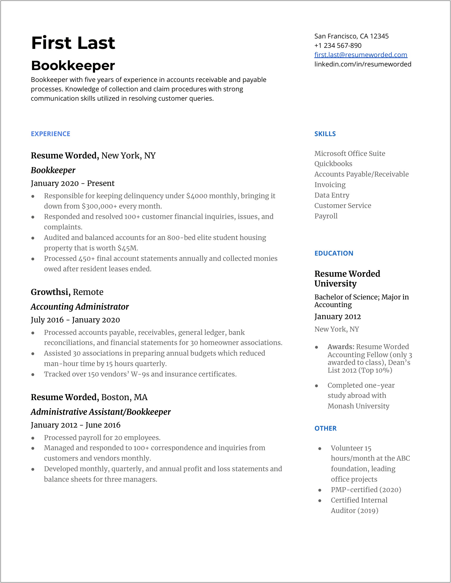 Office Manager Bookkeeper Skills Resume