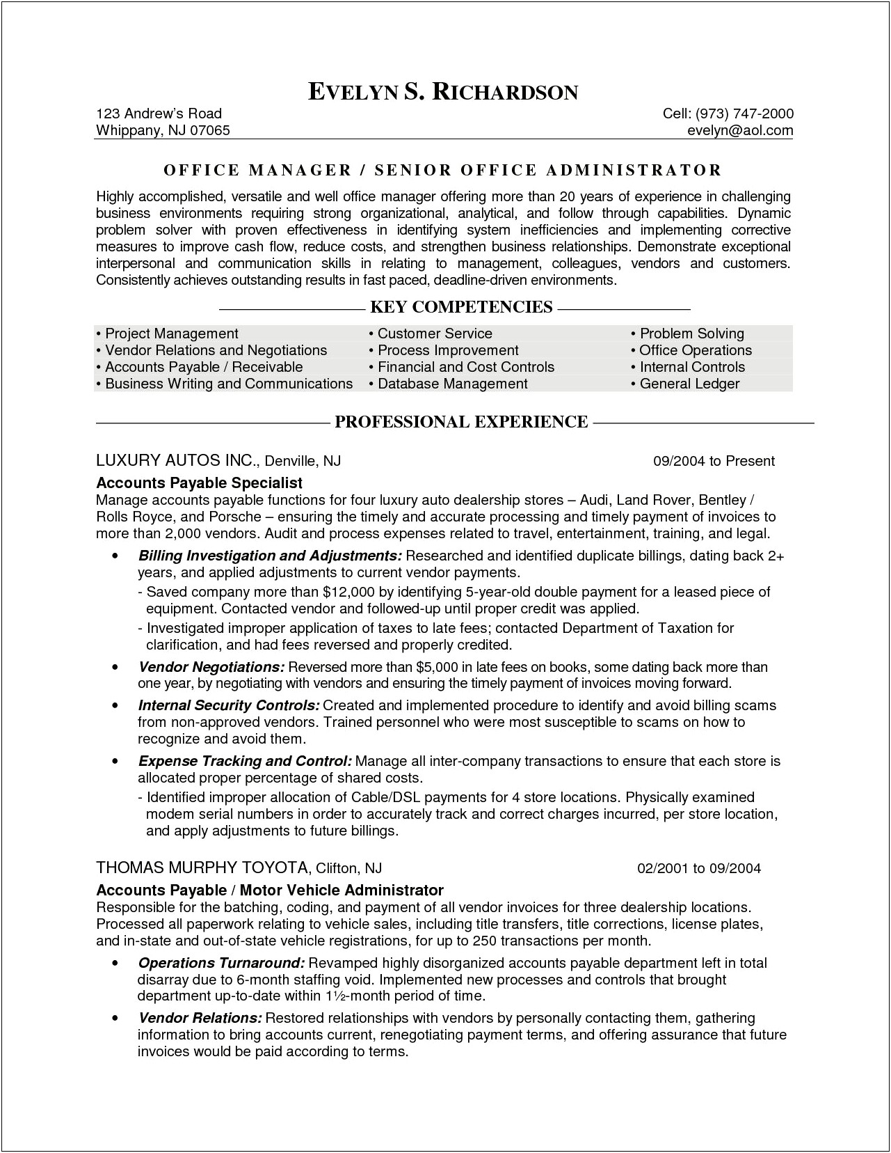 Office Manager Customer Service Resume