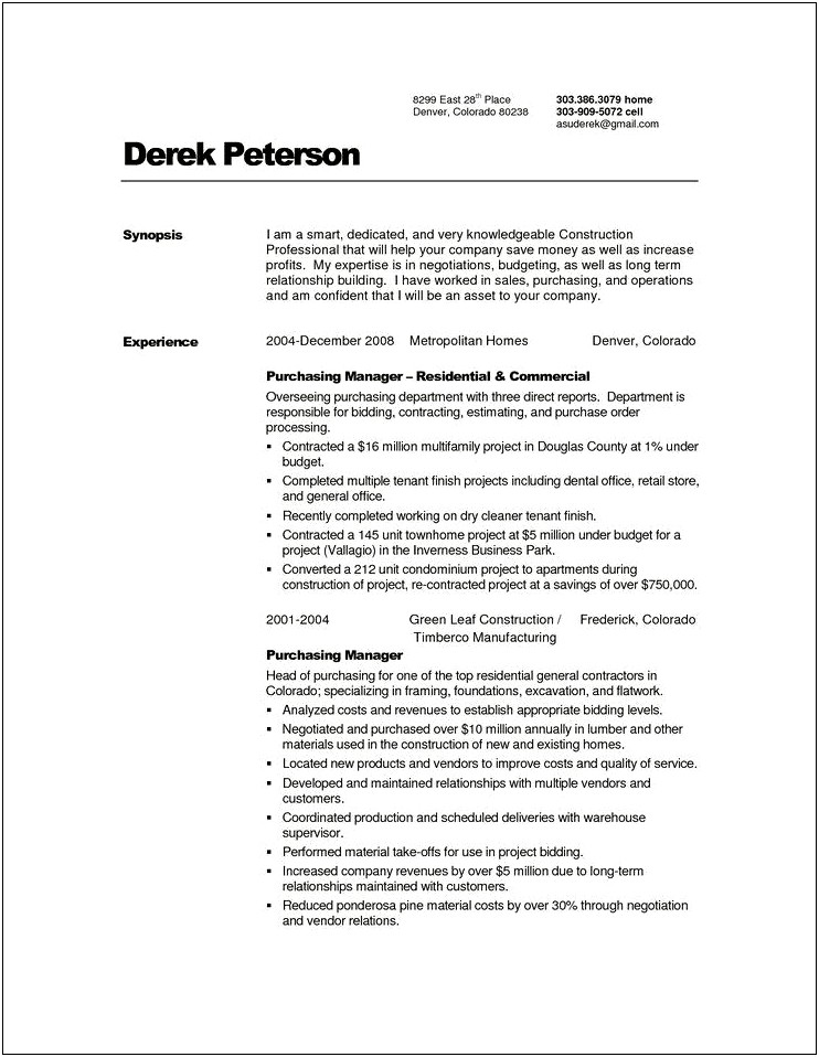 Office Manager For Construction Company Resume
