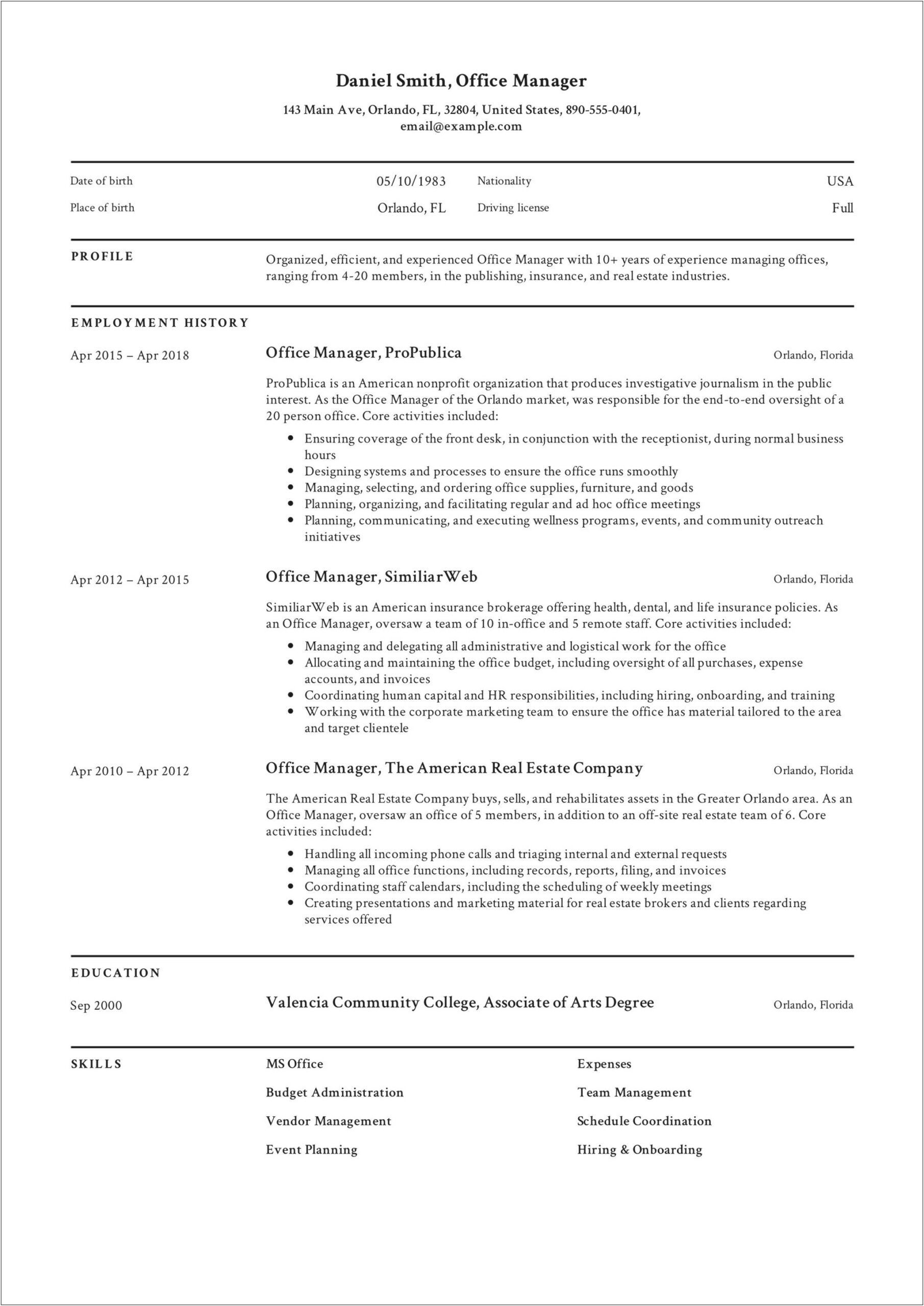 Office Manager Free Resume Template