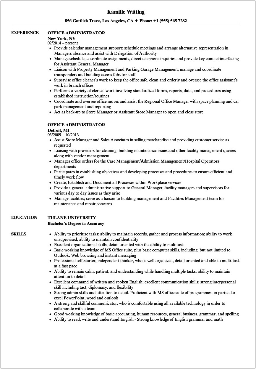Office Manager Profile Resume Sample