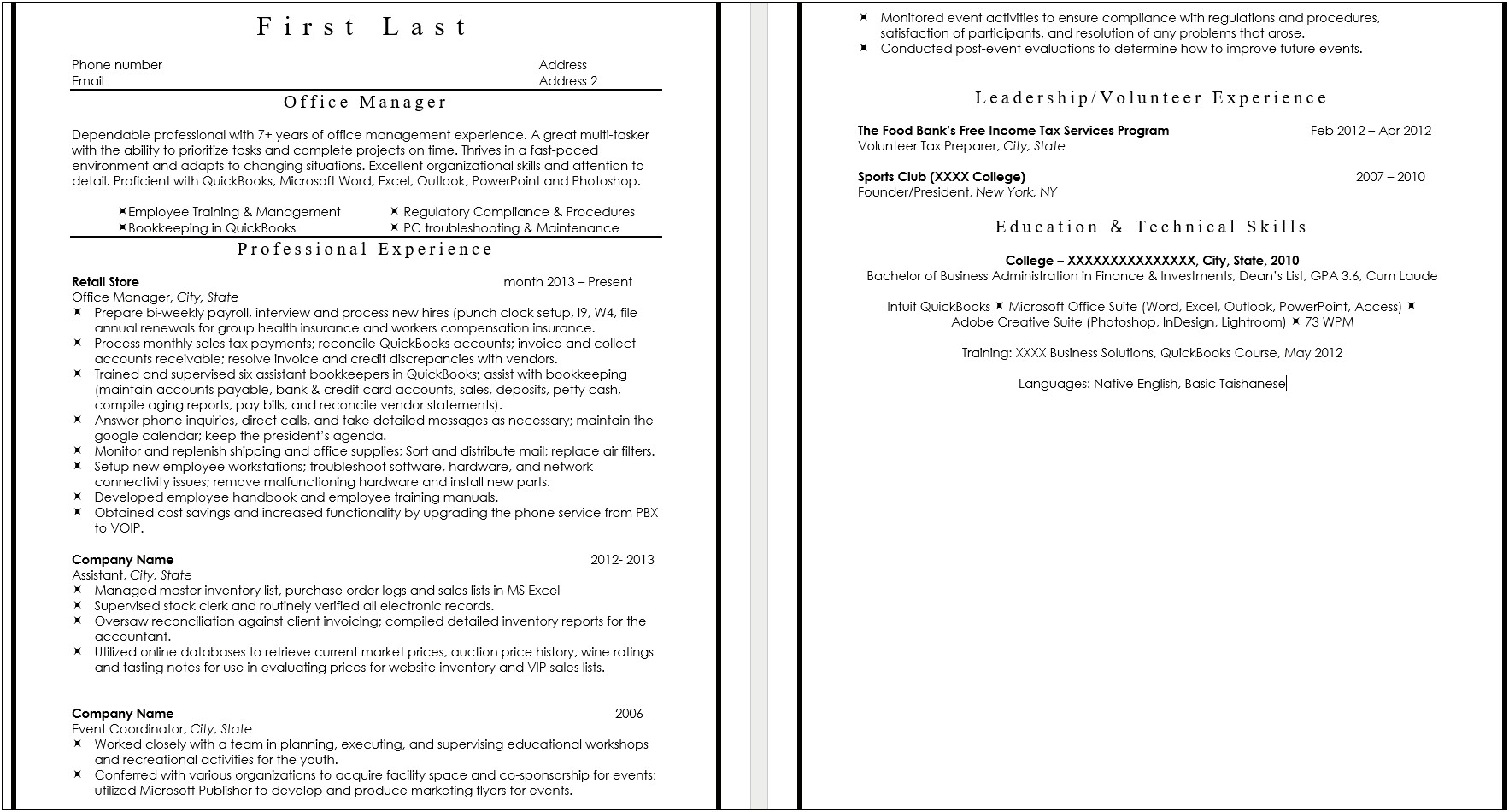 Office Manager Resume Opening Statement