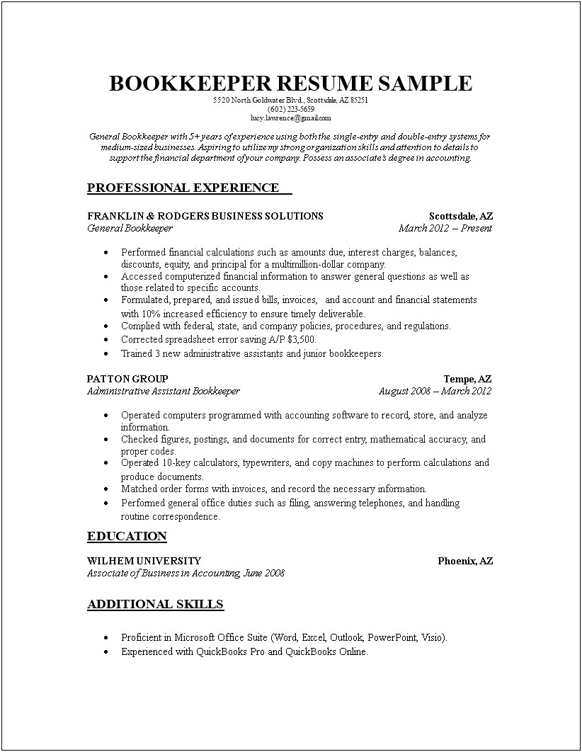 Office Operations And Bookkeeping Work Resume Template