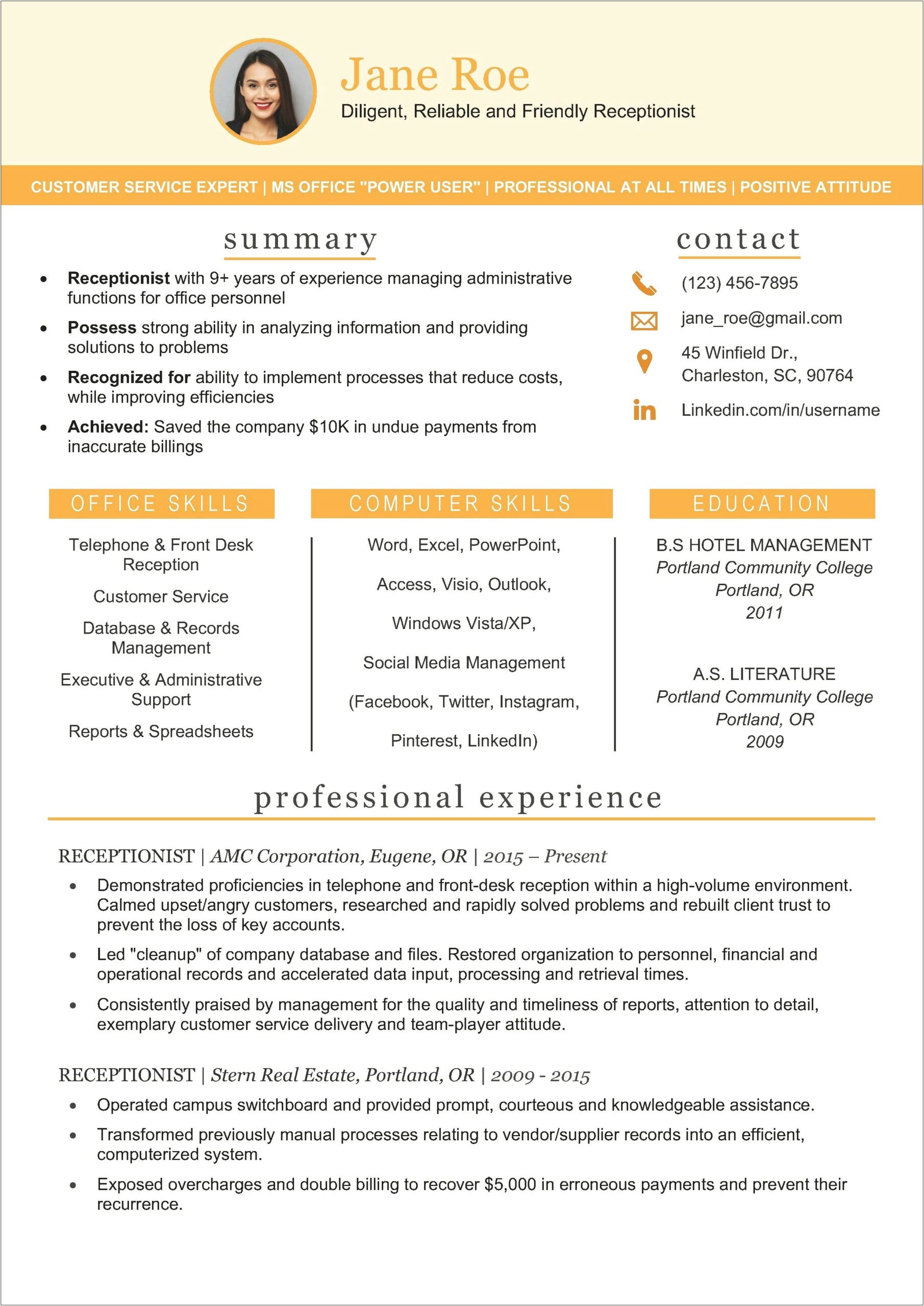 Office Receptionist Job Description For Resume