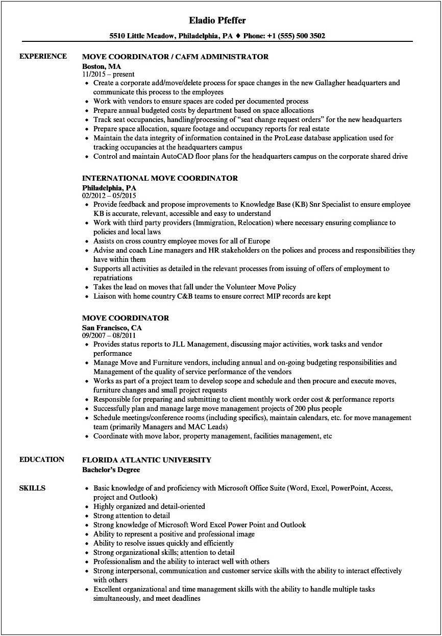 Office Relocation Project Manager Resume