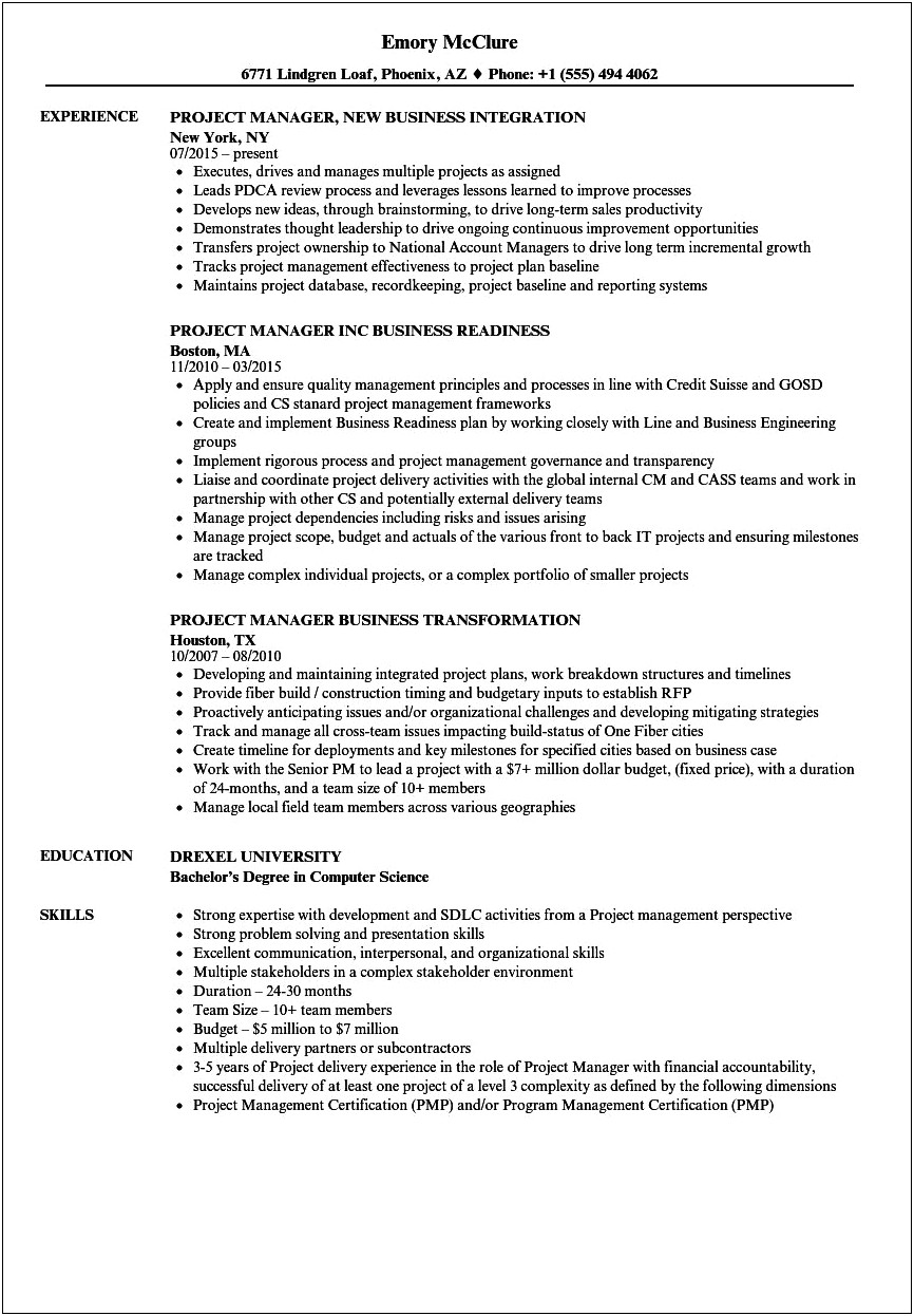 Offshore Transition Project Manager Resume