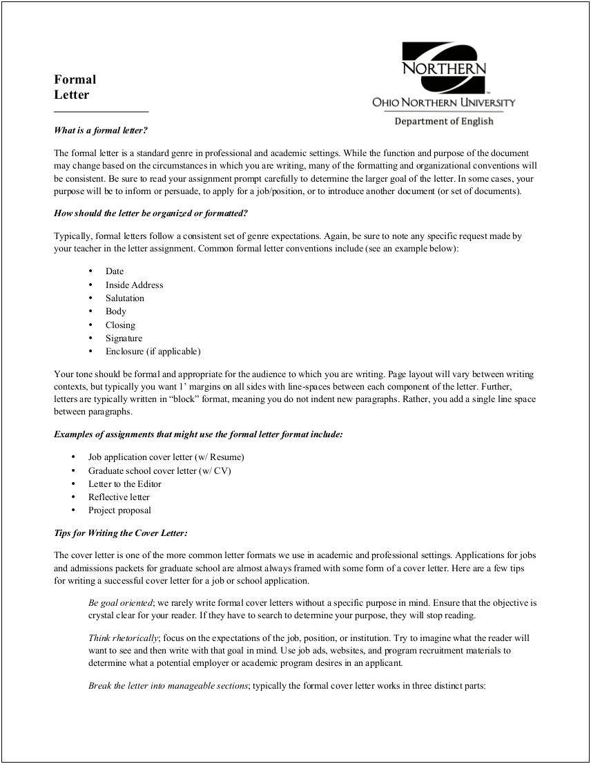 Ohio Northern Resume And Cover Letter