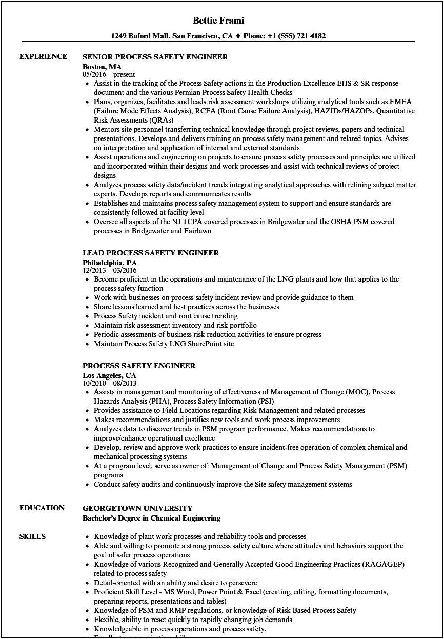 Oil And Gas Safety Manager Resume