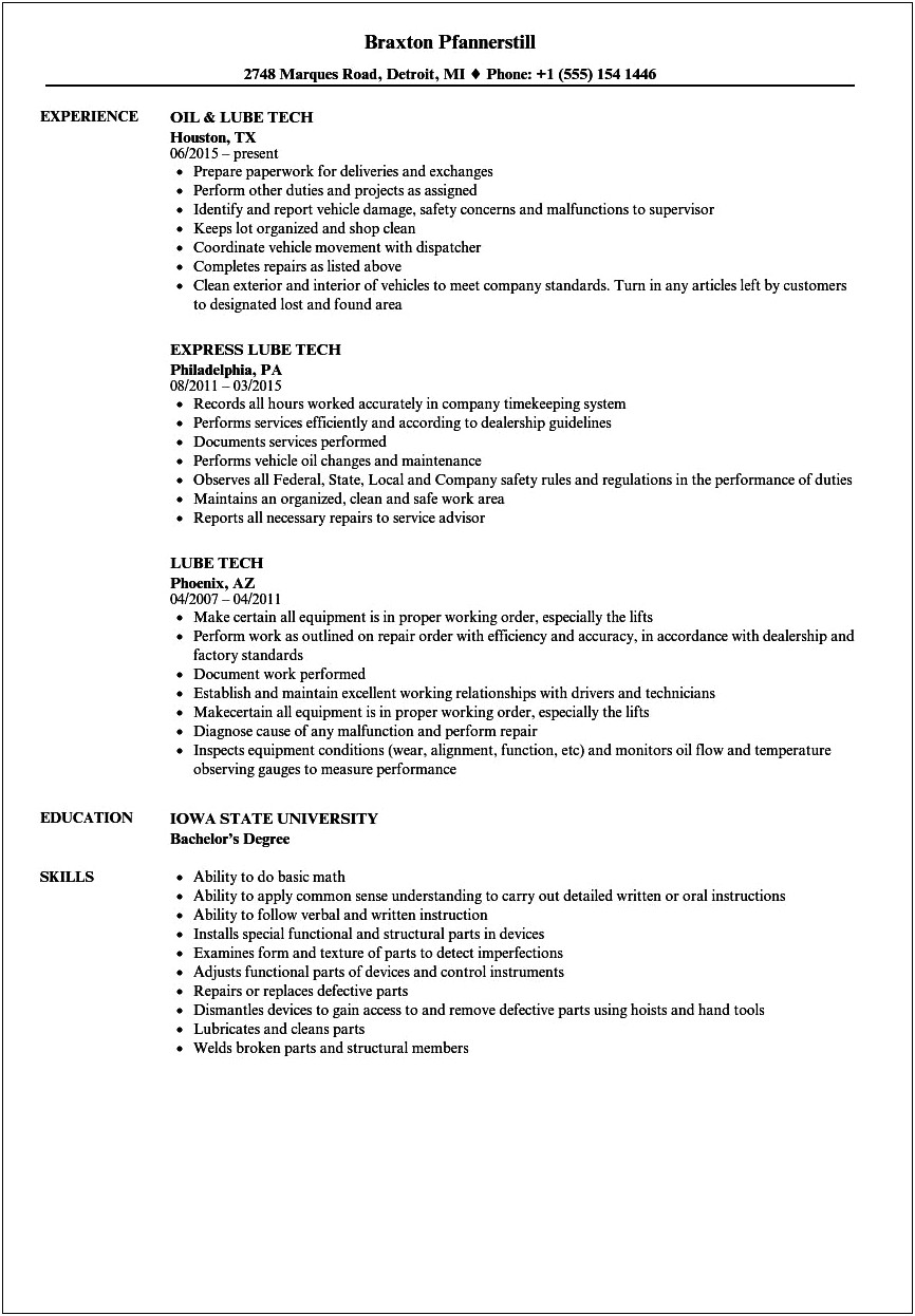 Oil Technician Job Description Resume