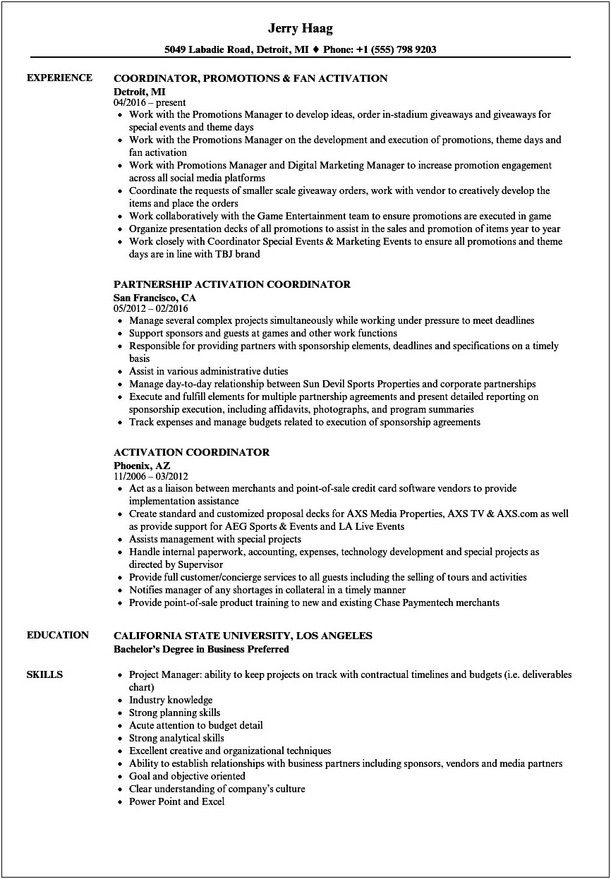 On Premise Activation Specialist Resume Sample