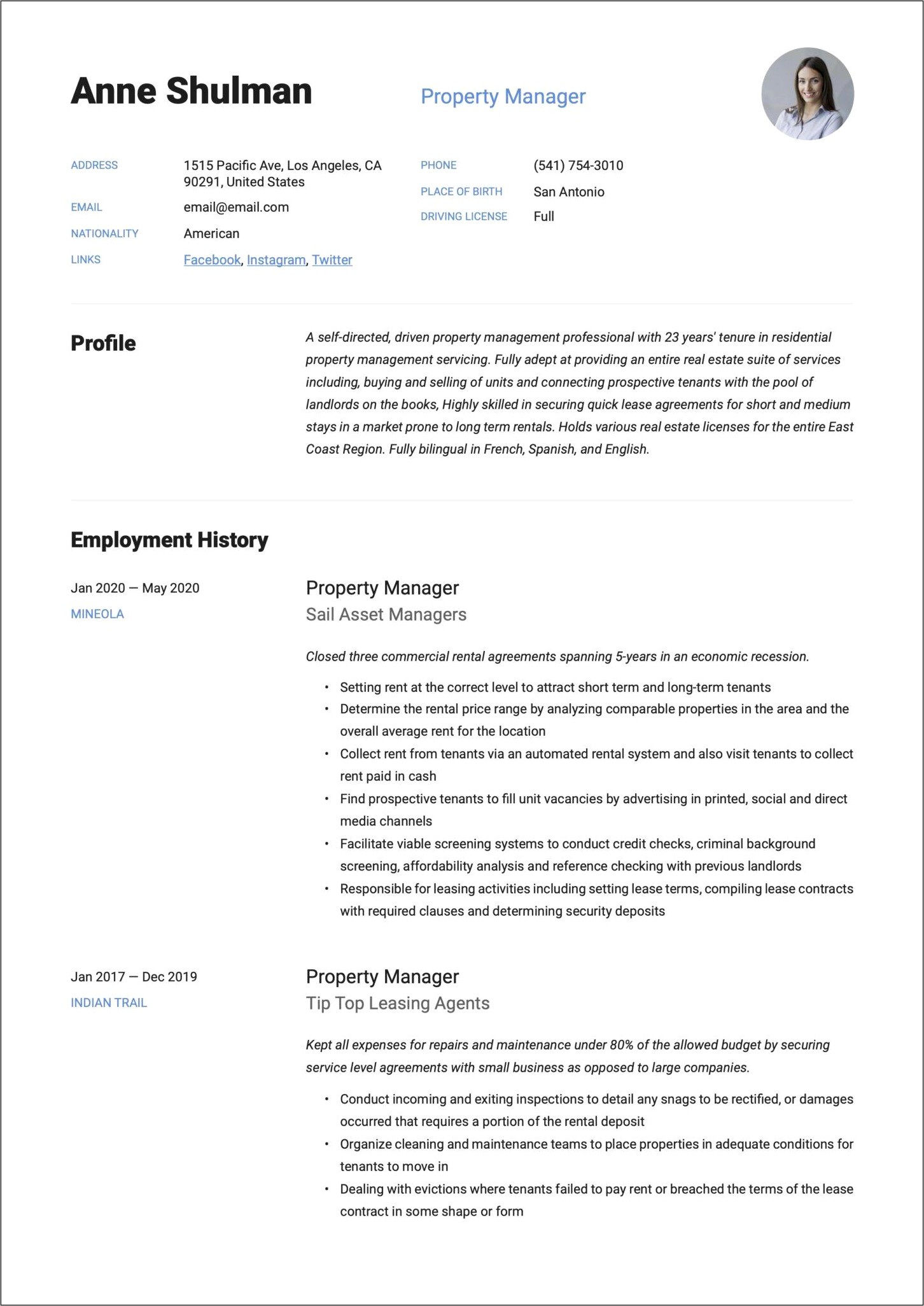 On Site Property Manager Resume