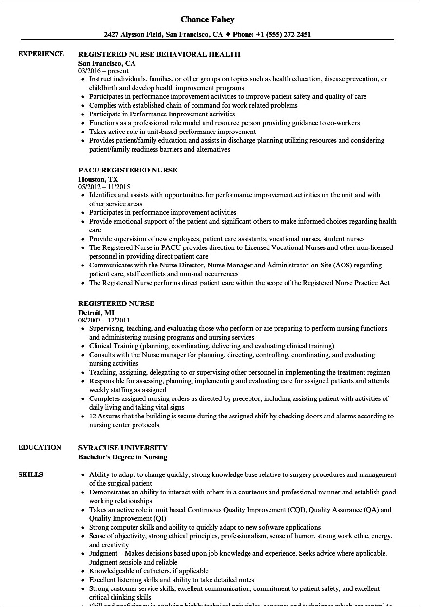 Oncology Nurse Job Description Resume