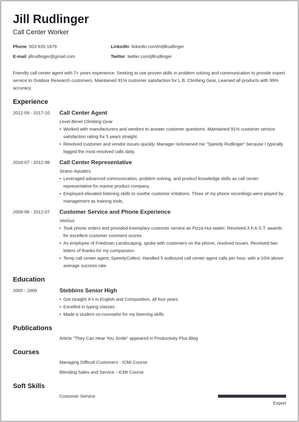 One Page Customer Service Resume Sample