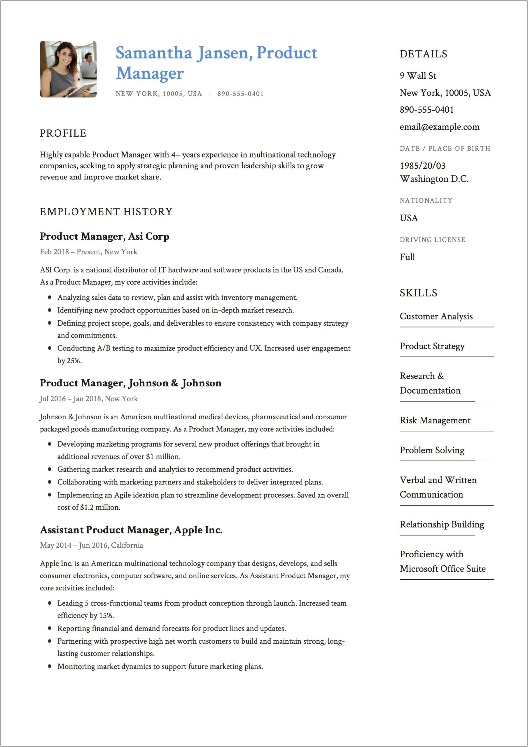 One Page Product Manager Resume