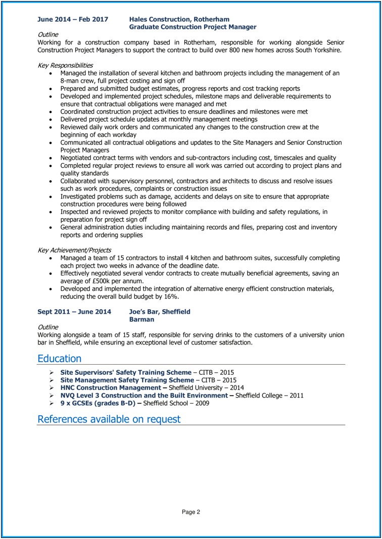 One Page Project Manager Resume