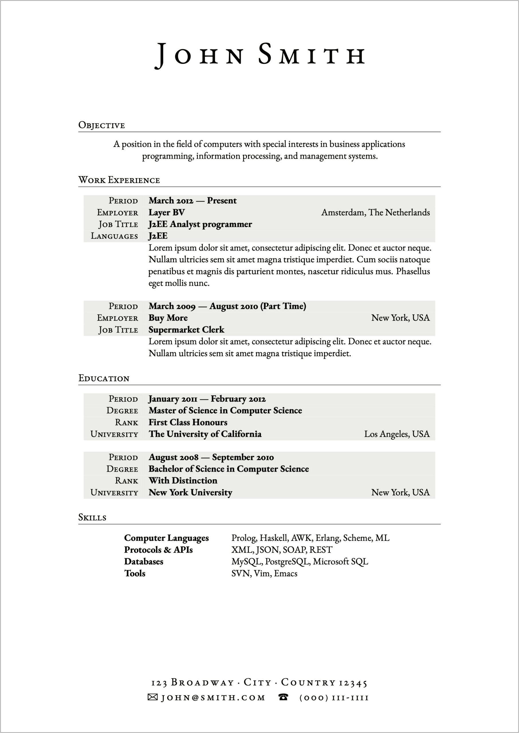 One Page Resume Format For Freshers Free Download
