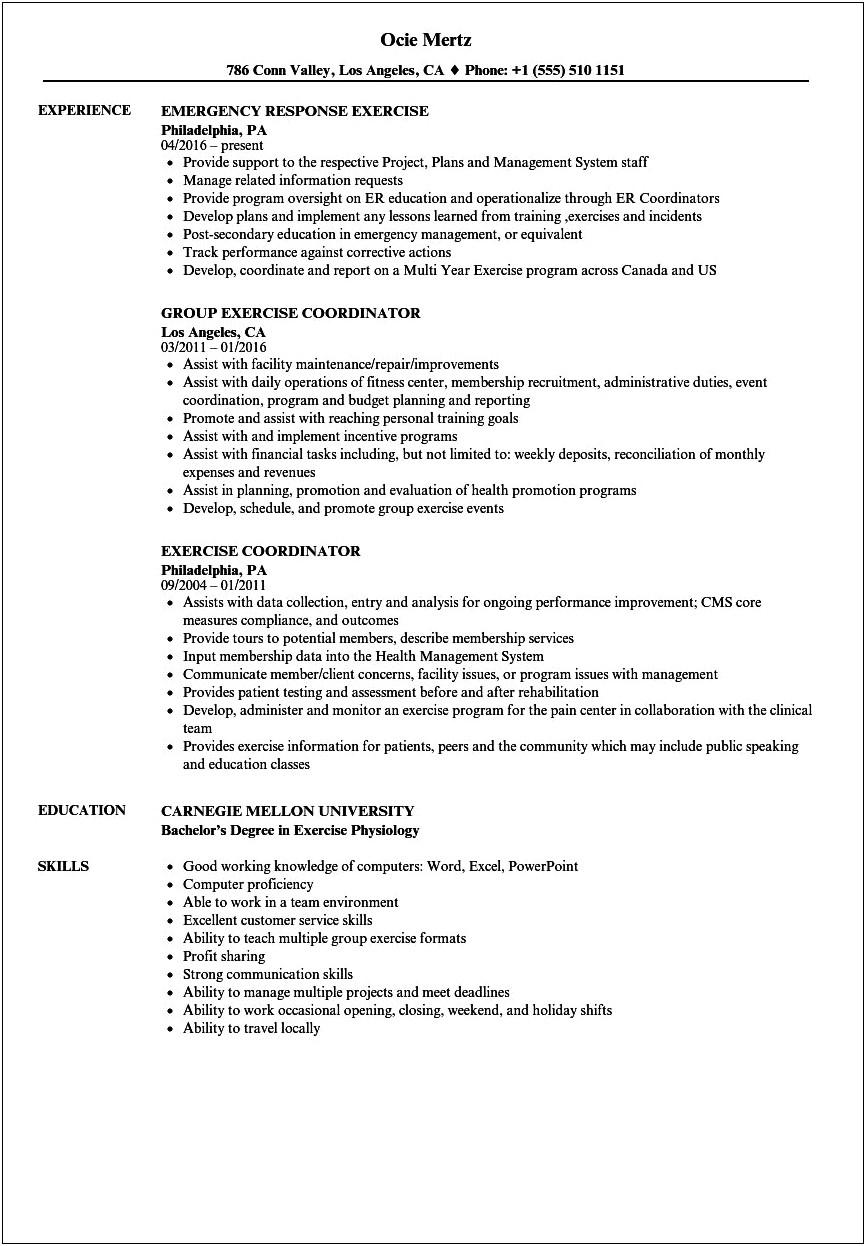 One Page Resume Template For Kinesiology