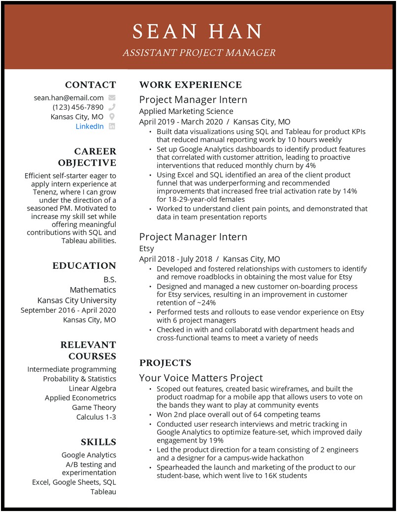 One Page Resume Template For Project Manager