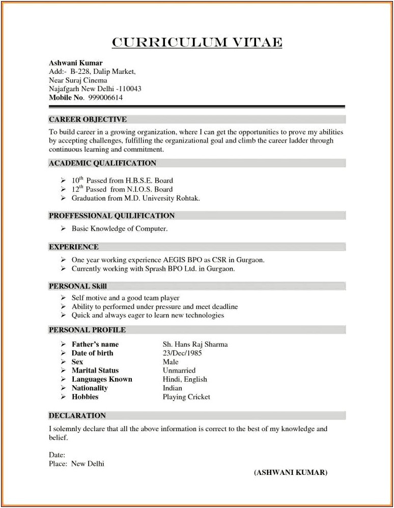 One Year Experience Resume Format For Bpo