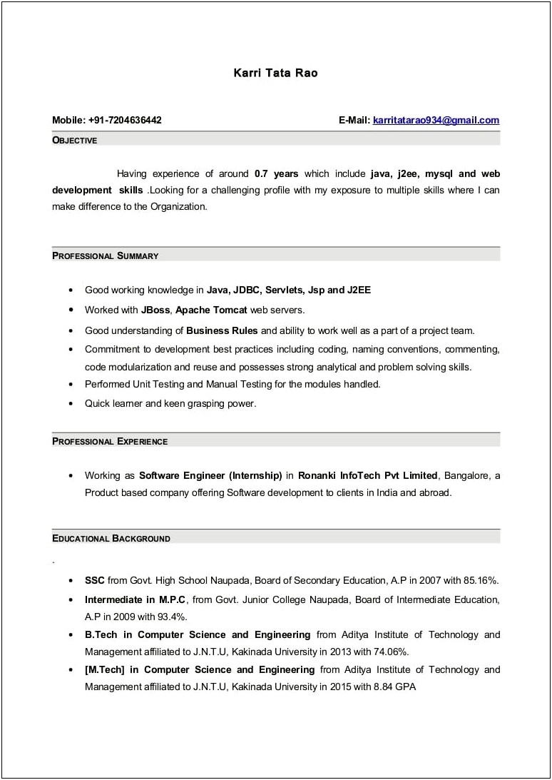 One Year Experience Resume Format For Java Developer
