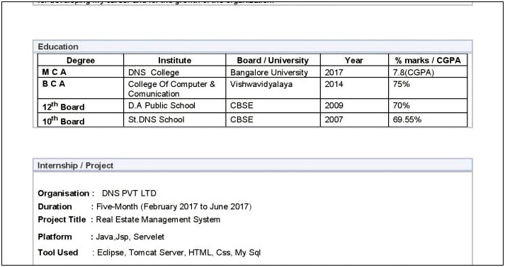 One Year Experience Resume Format For Mca