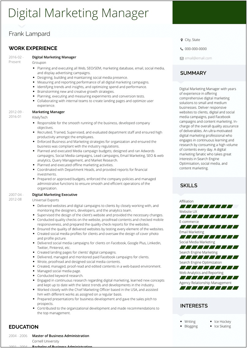 Online Marketing Job Description Resume