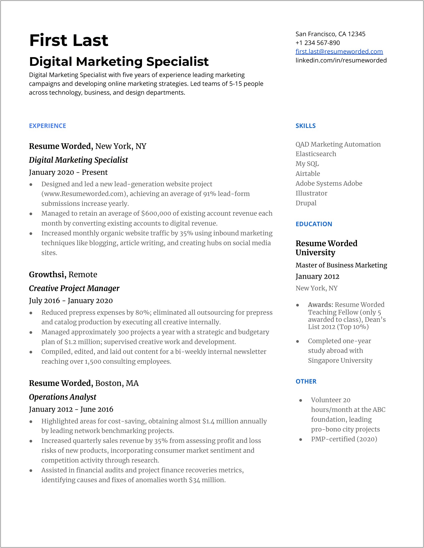 Online Marketing Specialist Resume Sample