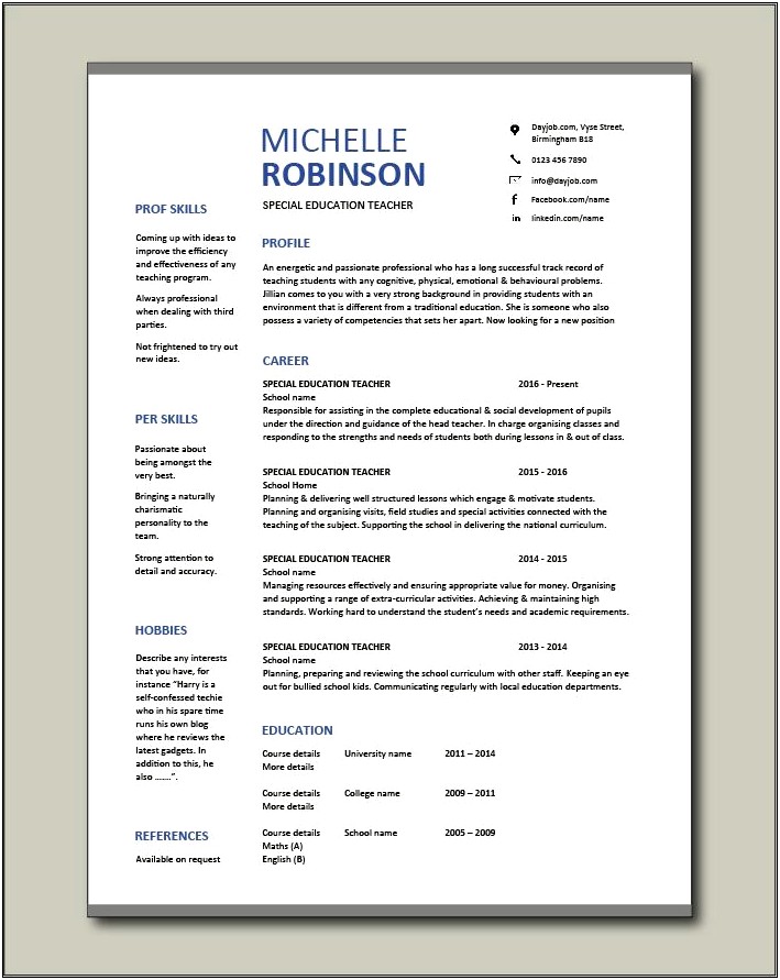 Online Sample Of Resume For Special Education Teacher