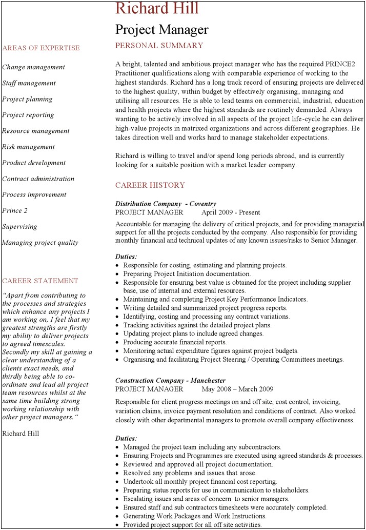 Opening Statement On Resume For Project Manager