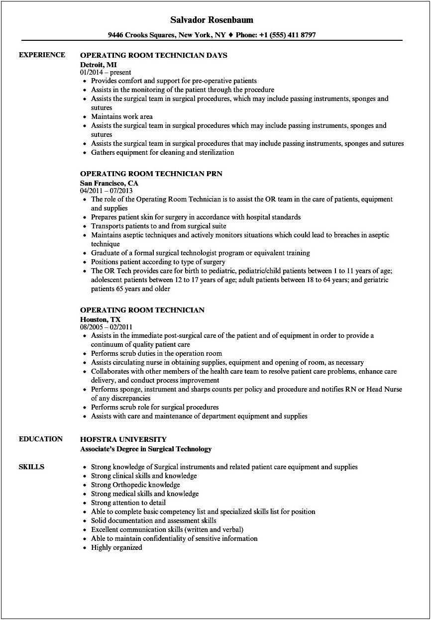 Operating Room Technician Bayfront Hospital Resume Example
