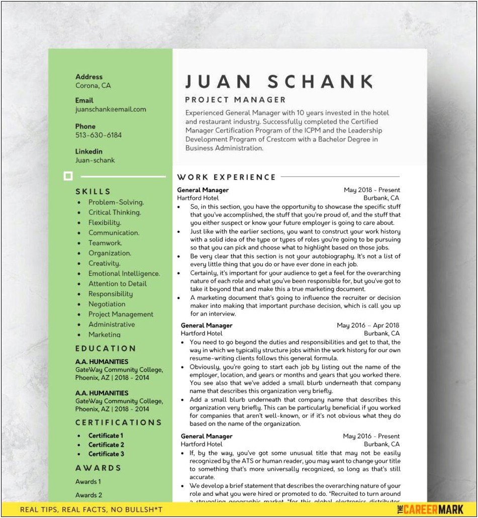 Operation Manager One Page Resume Template For Project
