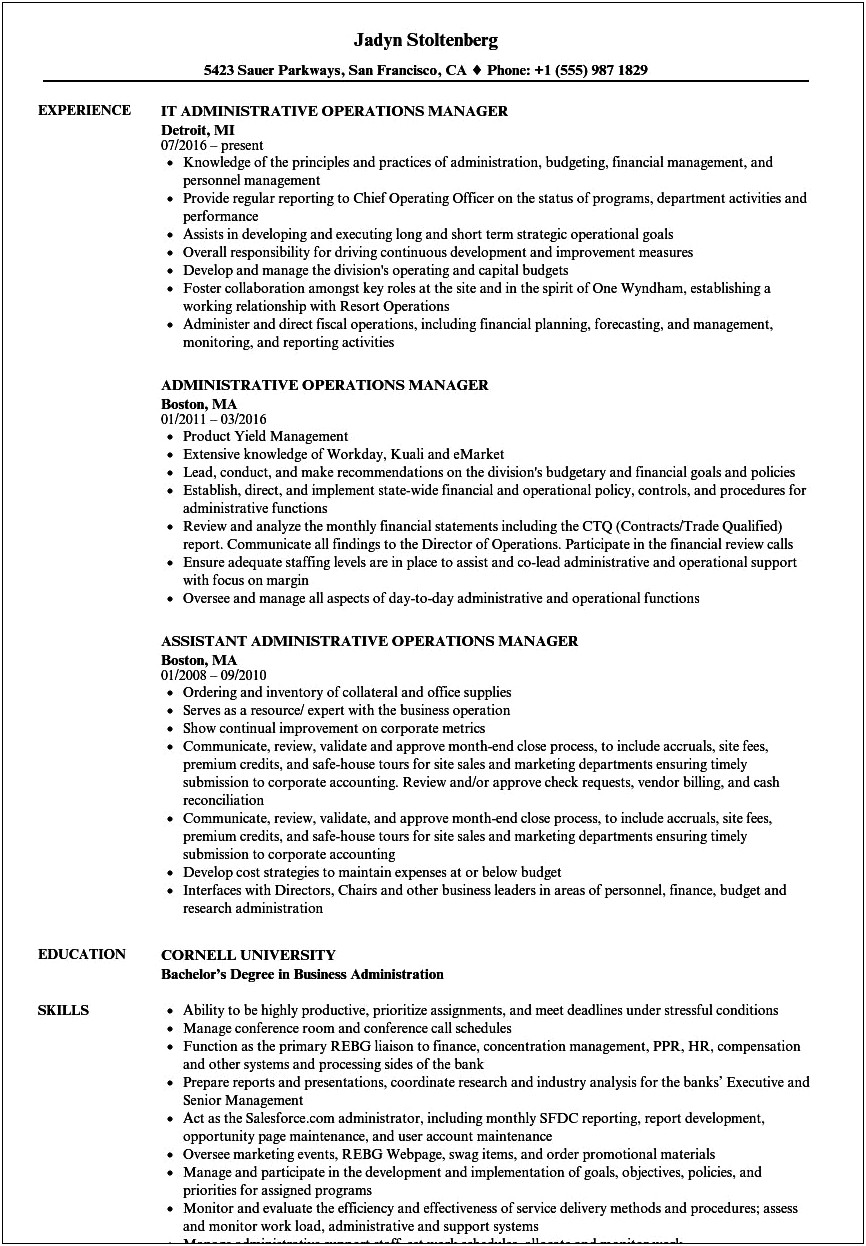 Operations Administrator Resume Job Description