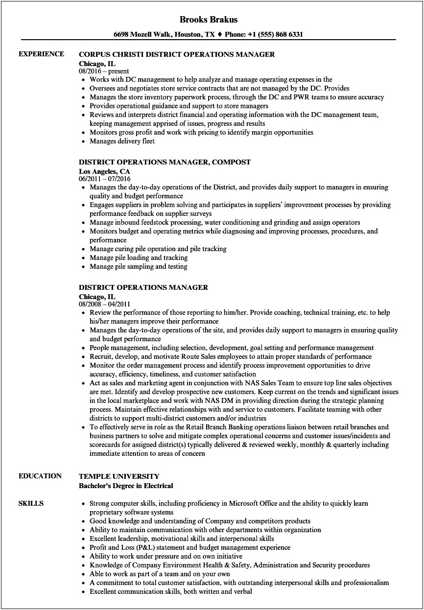 Operations Manager Distribution Center Resume