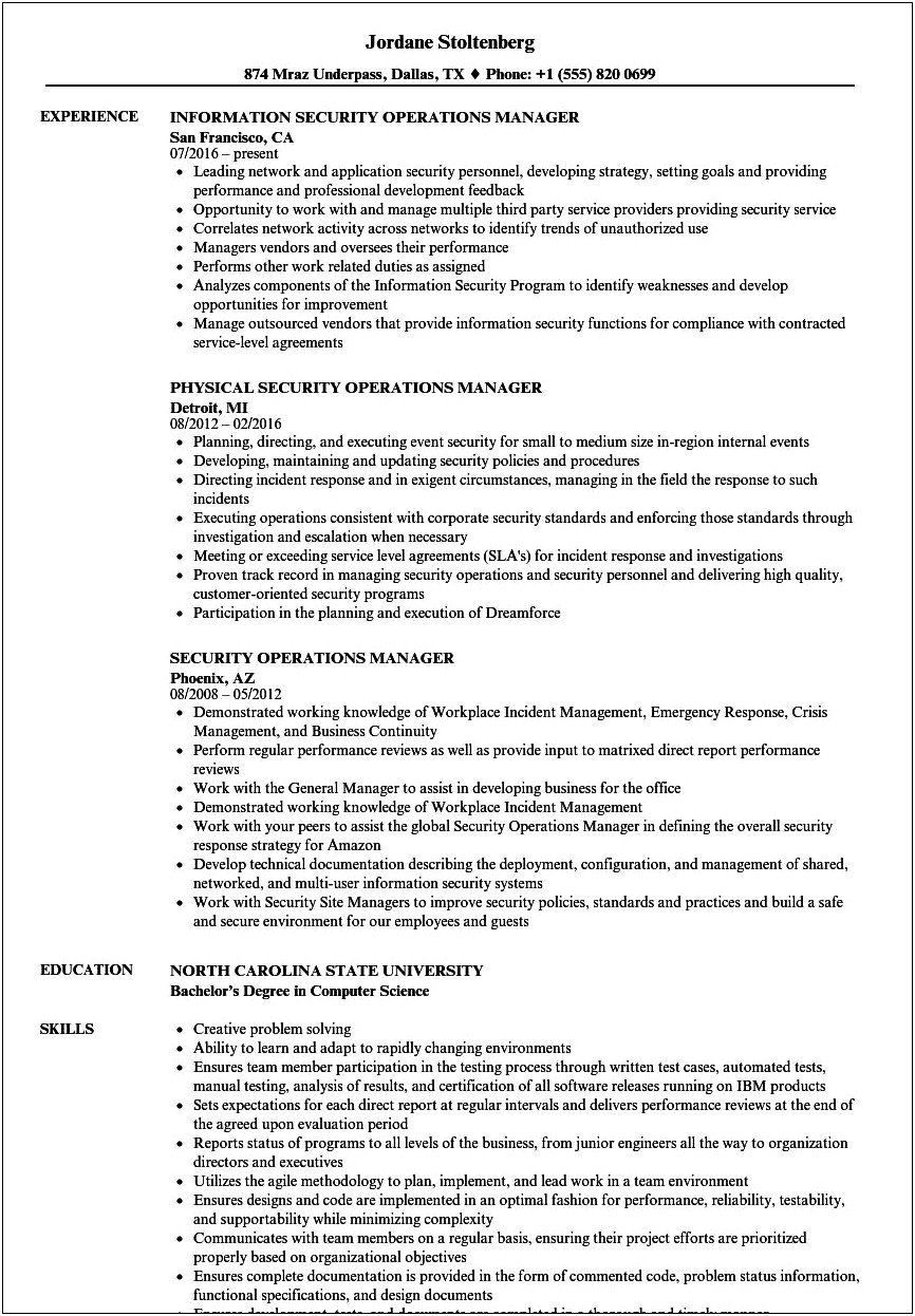 Operations Manager For Security Company Sample Resume