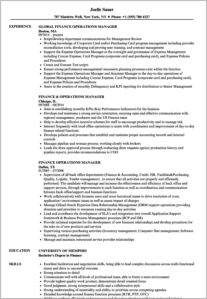 Operations Manager Hedge Fund Resume