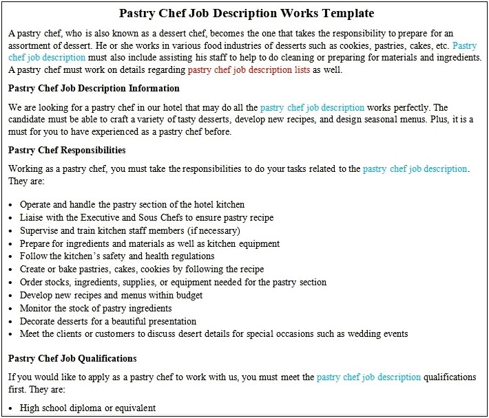 Operations Manager Pastry Chef Resume