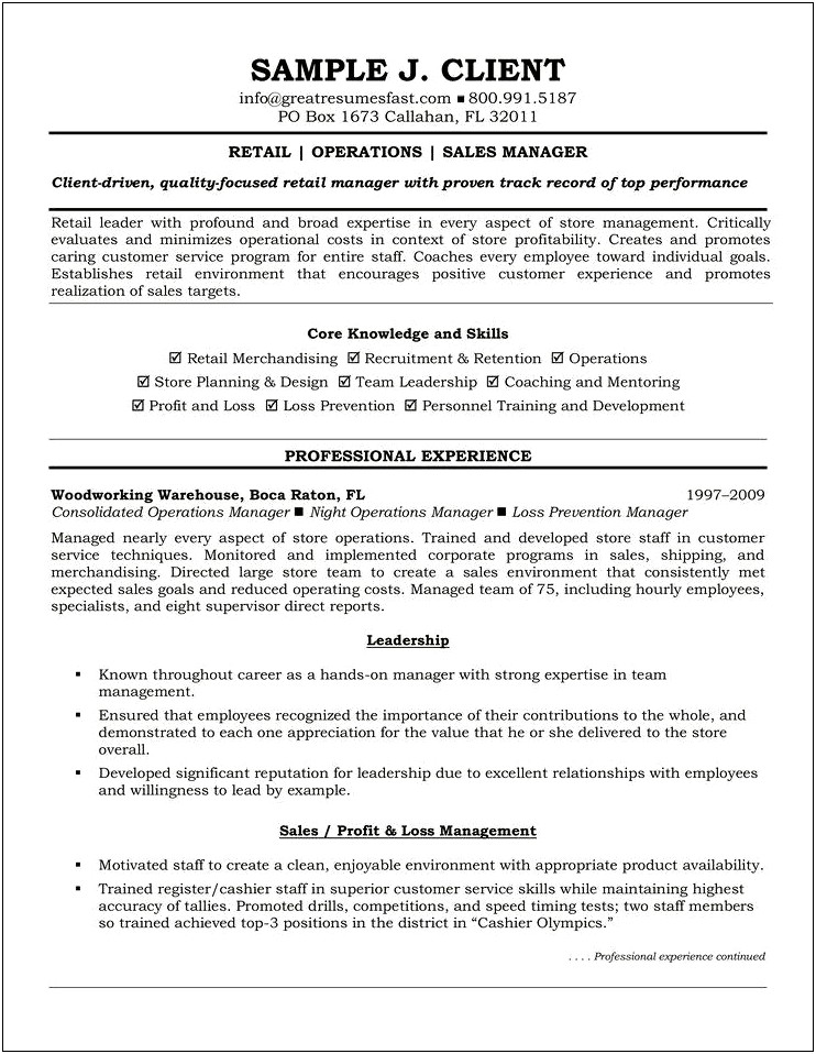 Operations Manager Performance Objectives For Resumes