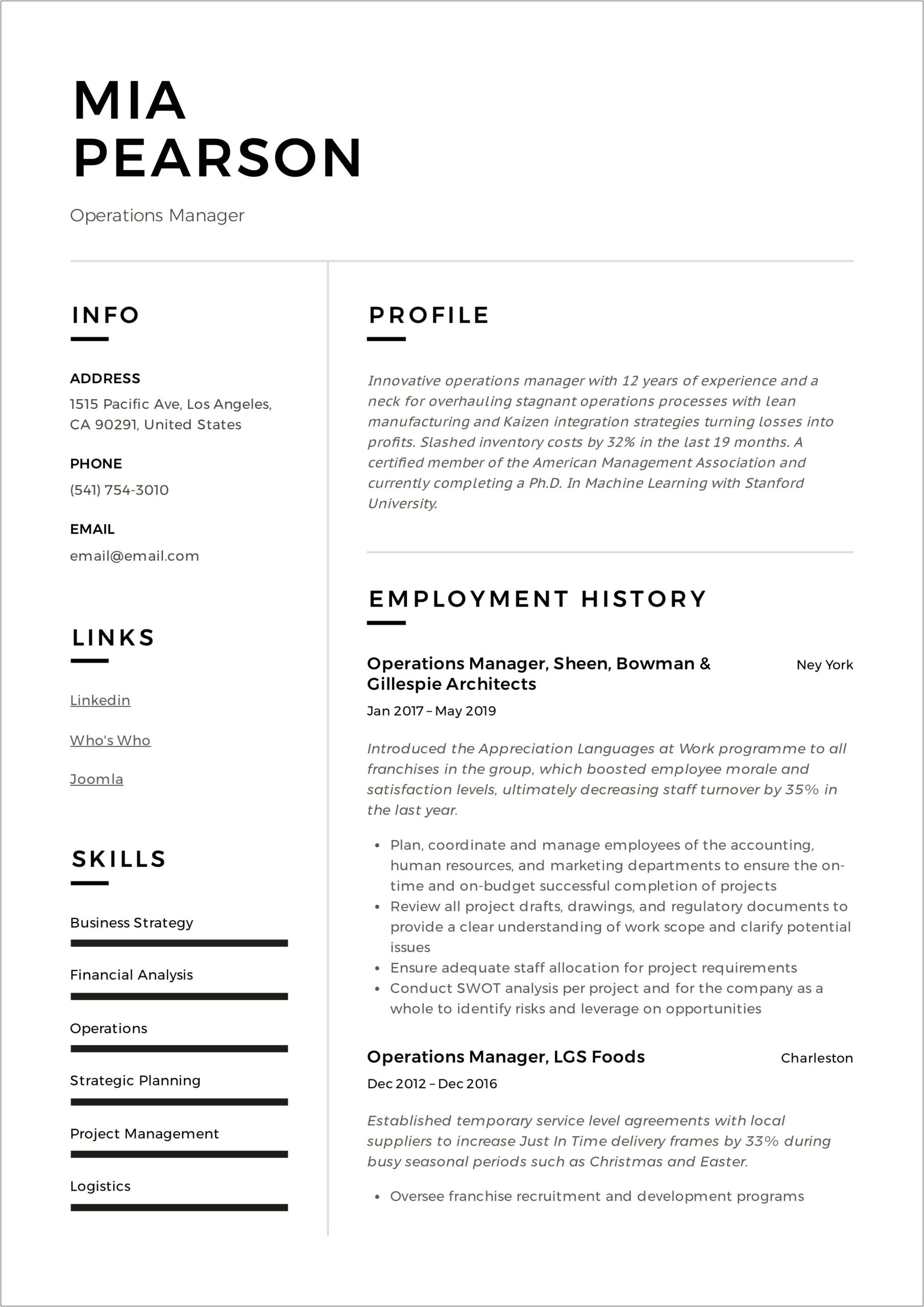 Operations Manager Resume Professional Summary