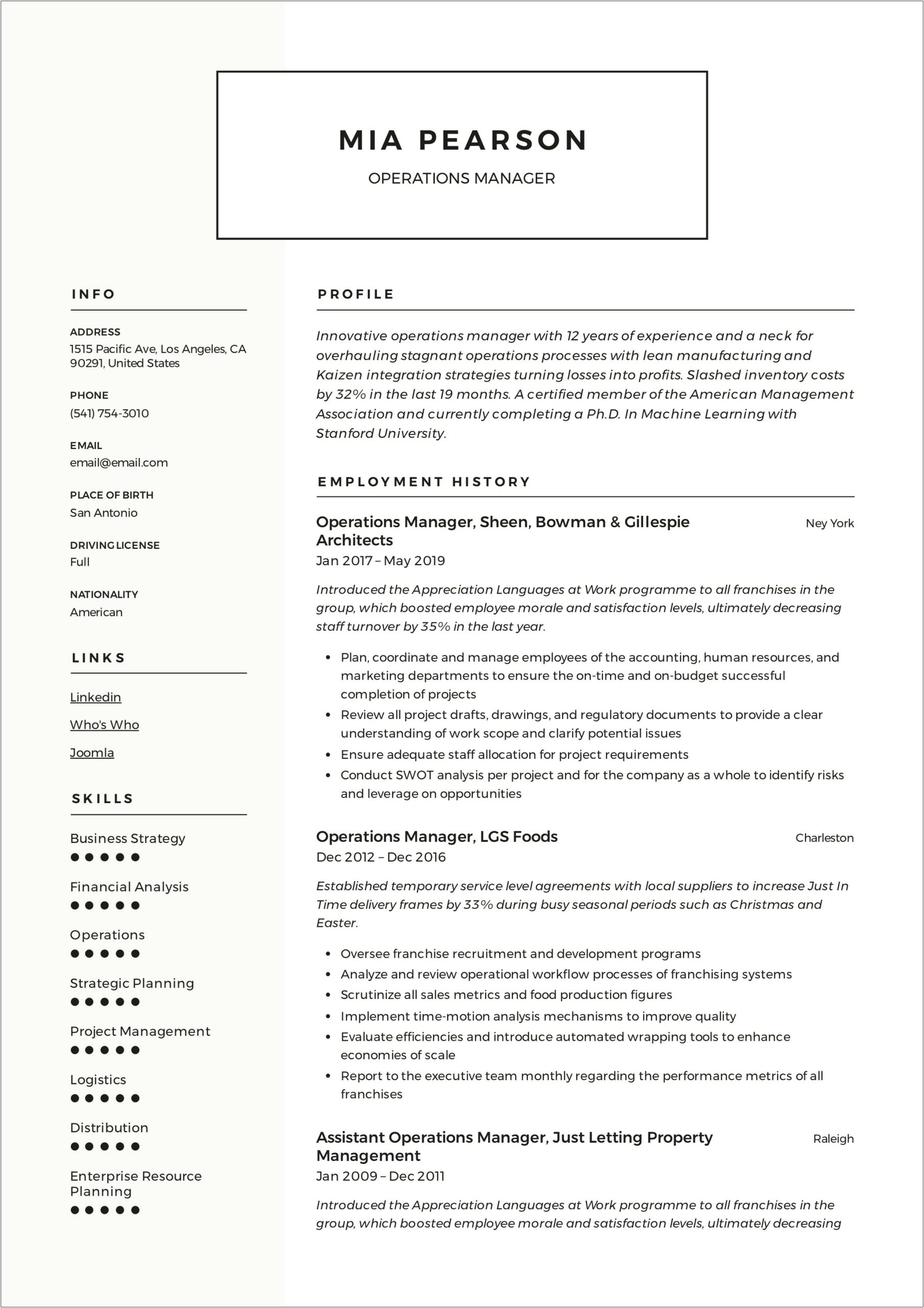 Operations Manager Resume Summary Sample