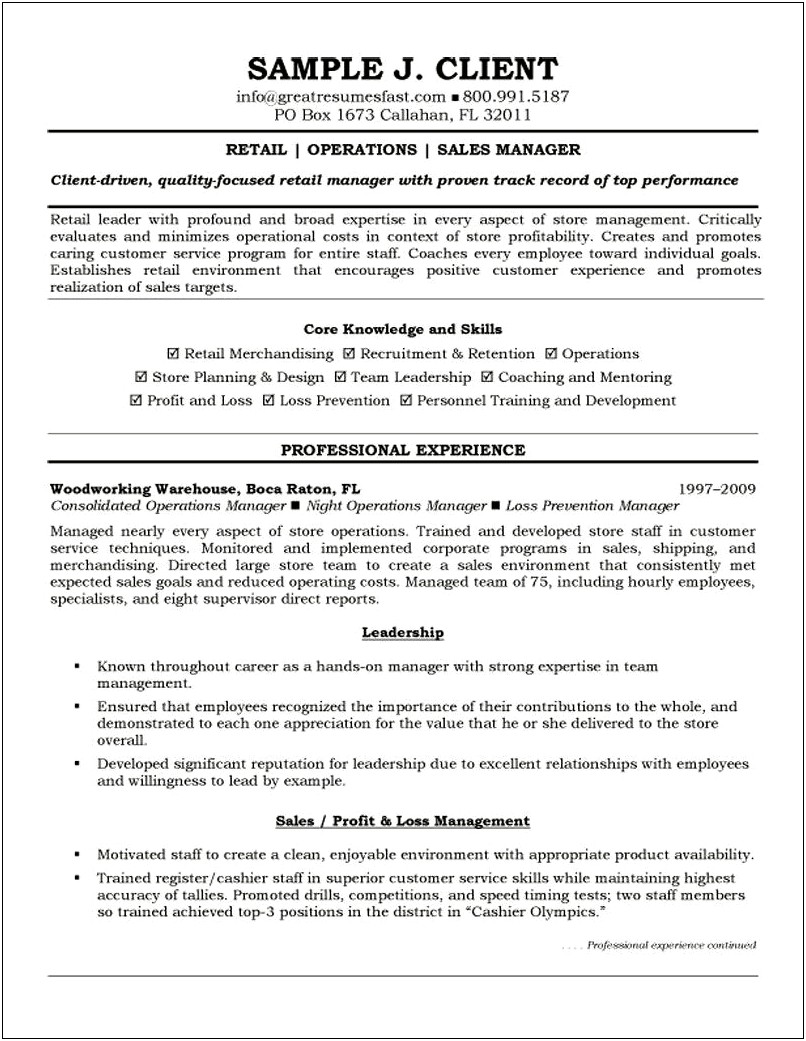 Operations Manager With One Year Experience Sample Resume