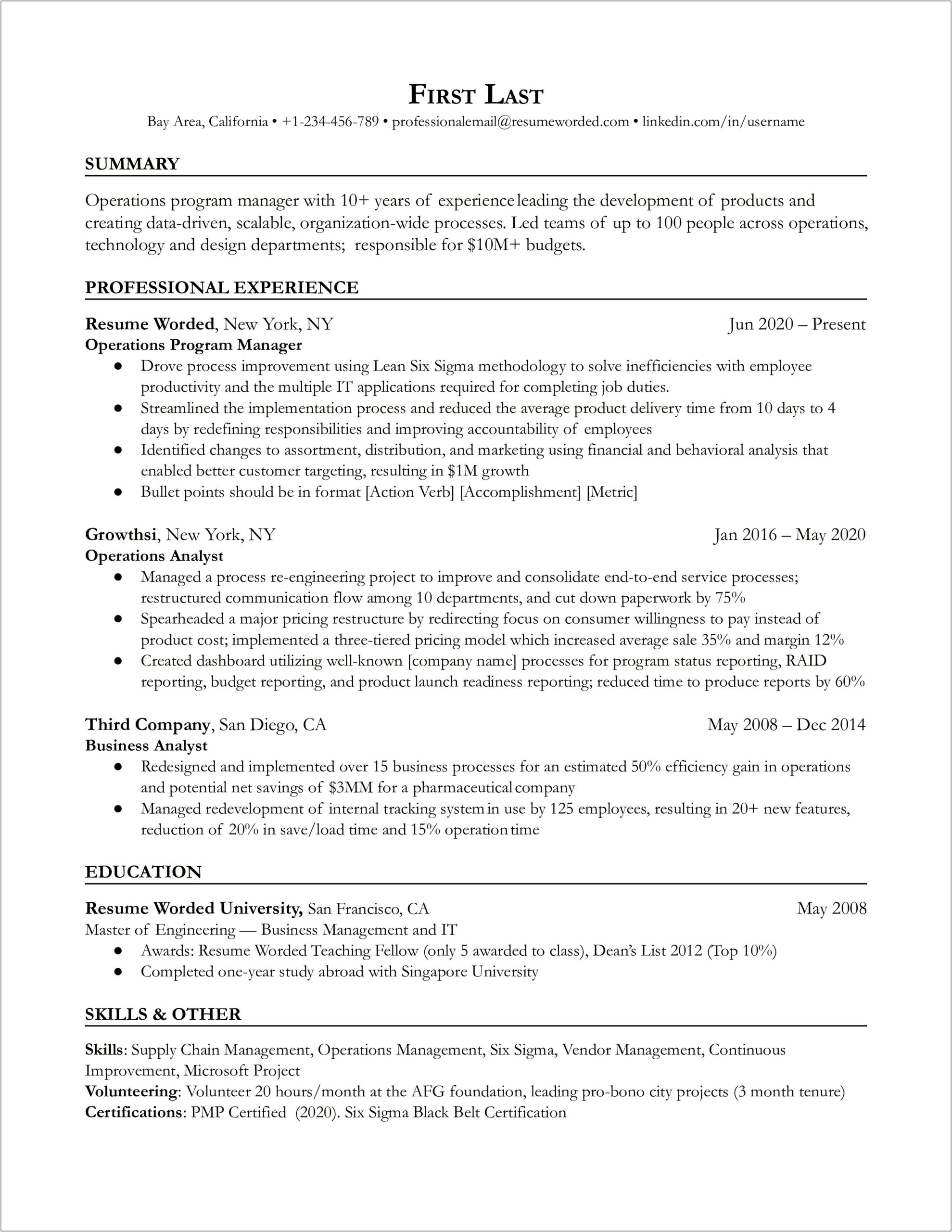 Operations Manger Resume With 20 Yrs Experience