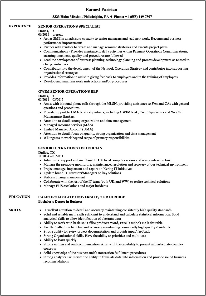 Operations Support Specialist Sample Resume