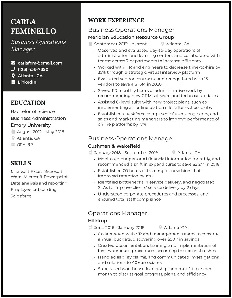 Opertions Manager Qualifications For Resume