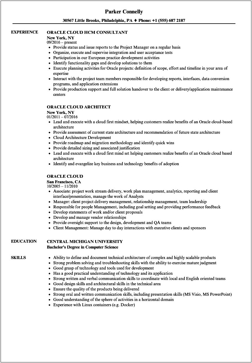 Oracle Cloud Hcm Project Manager Resume
