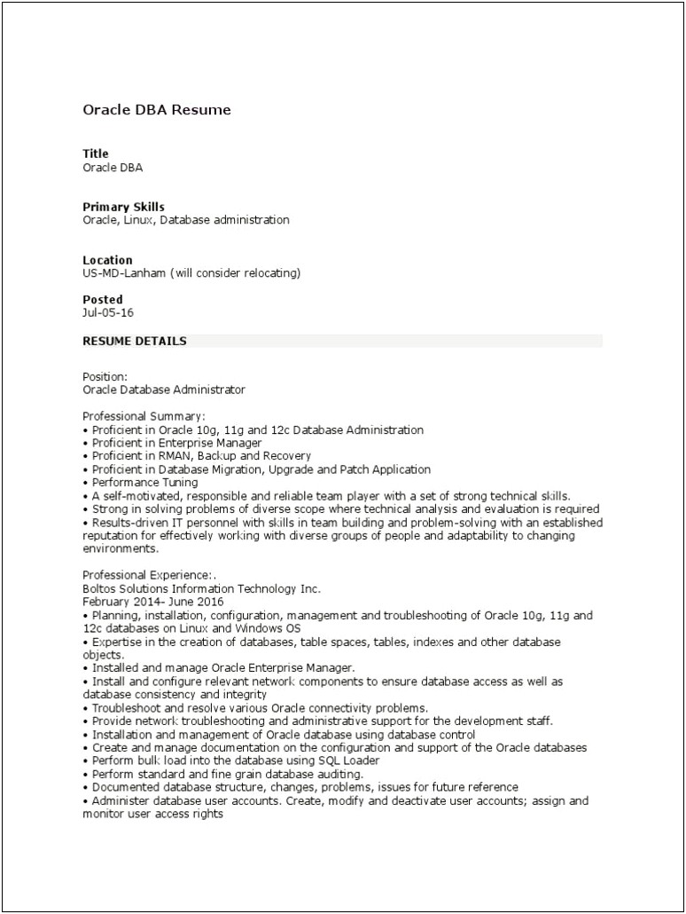 Oracle Database Administrator Sample Resume