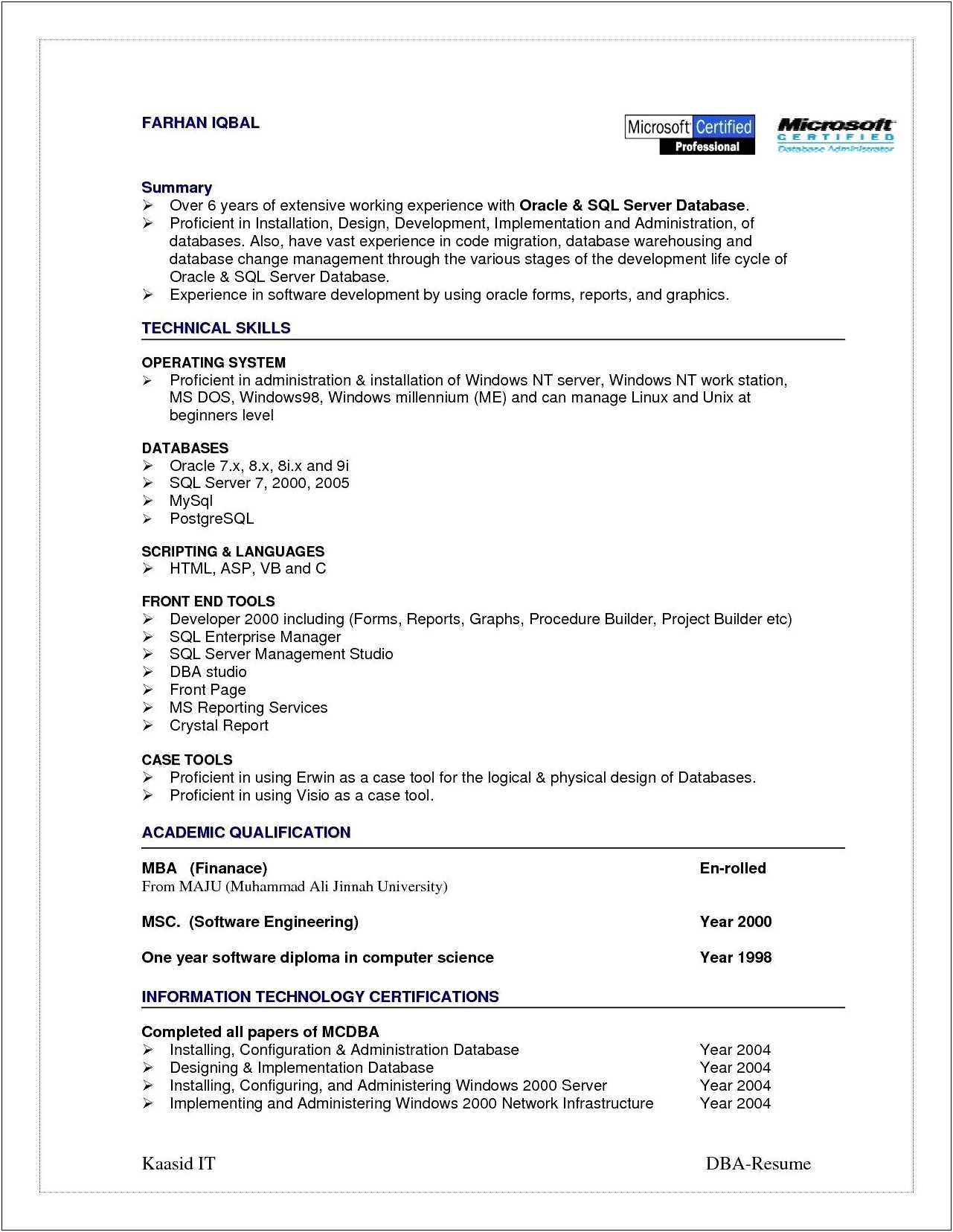 Oracle Dba Fresher Resume Examples