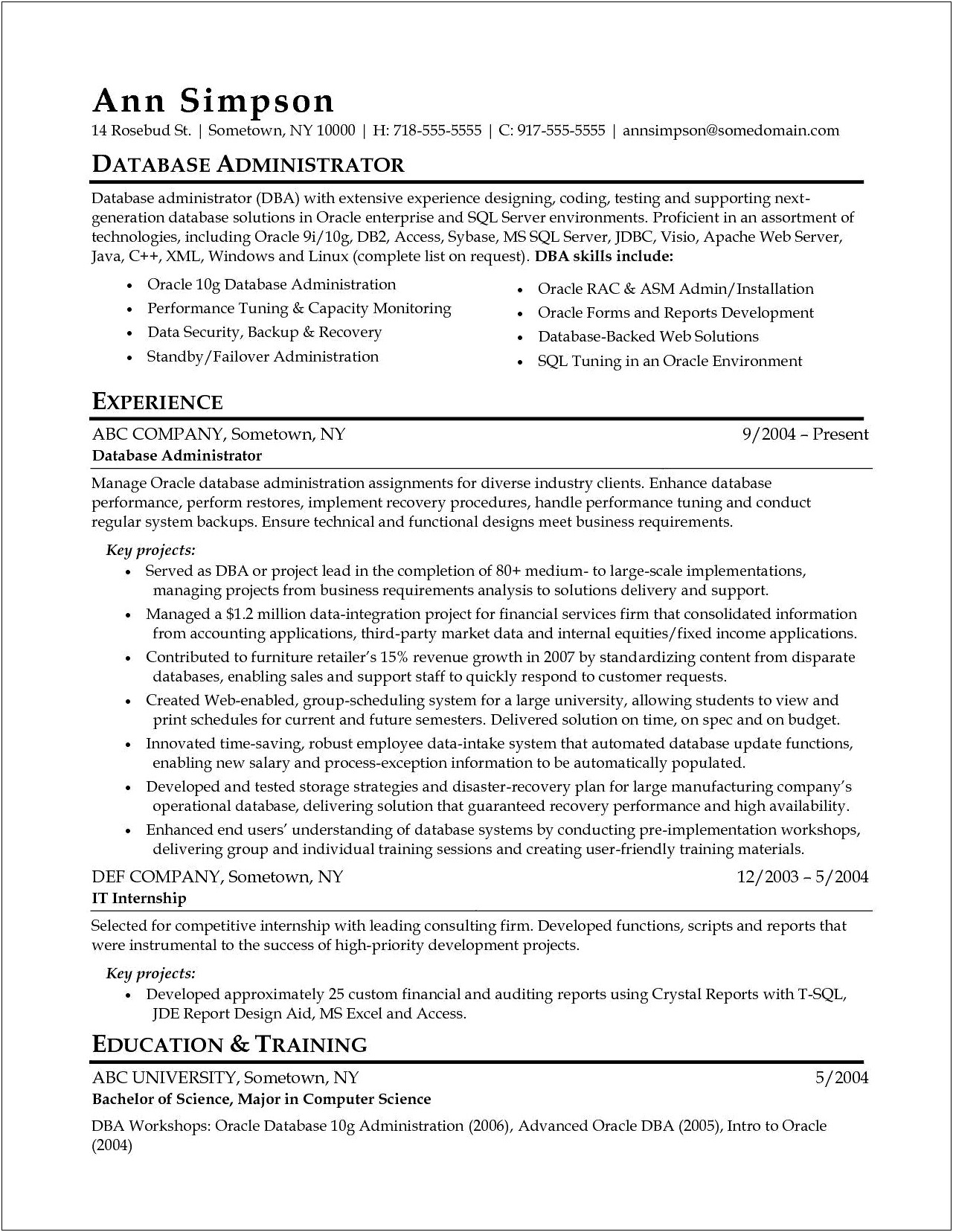 Oracle Dba Manager Resume Sample
