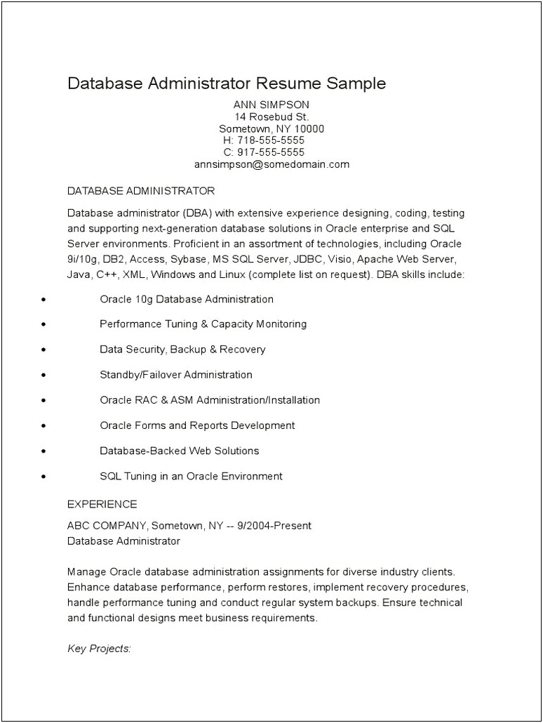 Oracle Dba Resume For 1 Year Experience