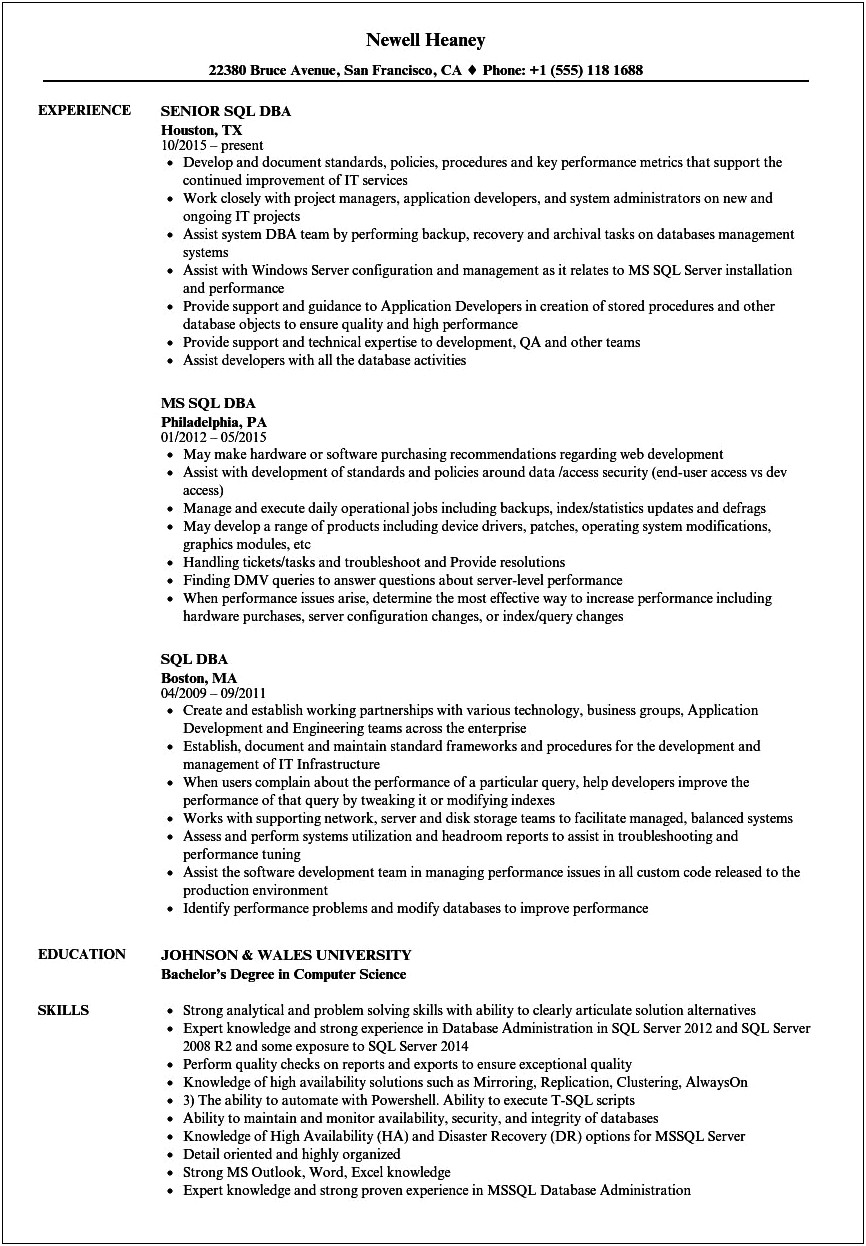 Oracle Dba Resume For 10 Years Experience